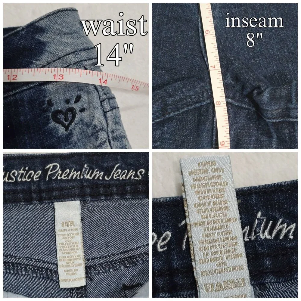 Justice Girls Blue Acid Wash Distressed Raw Hem Embroidered Denim Shorts EUC 14